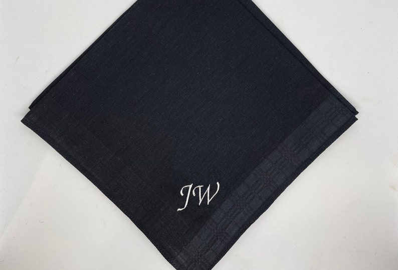 Black cotton Handkerchief, custom monogram , embroidered hanky, men's or womans wedding handkerchief, groomsmen gift image 1