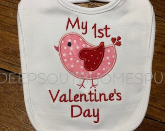 My 1st Valentines bib, Love bird bib, Baby’s 1st Valentines Day appliqué bib