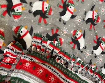 Penguins Fleece tie quilt,  Penguins skating, reversible, Christmas Colors, Personalized Free- Large 54”X67”Fleece Tie Blanket, great gift