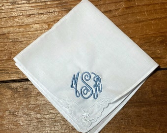 Decorative edge, wedding, bridal gift embroidered Handkerchiefs, custom colors, initials, something blue hanky, lace edge handkerchief