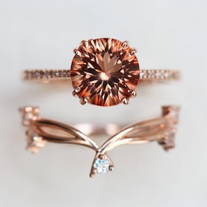 Oregon Sunstone Ring Set, Round Gemstone Engagement Ring with Twig Moonstone Stacking Ring, Sunstone Engagement ring