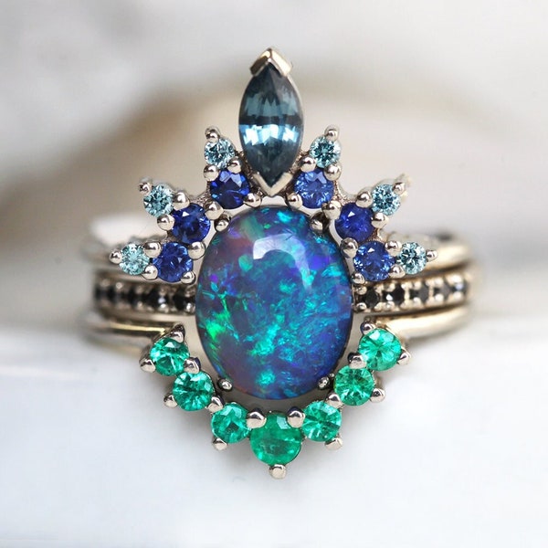 Black opal ring set, Unique engagement set, Teal blue wedding set, Lagoon ring set, Green emerald set