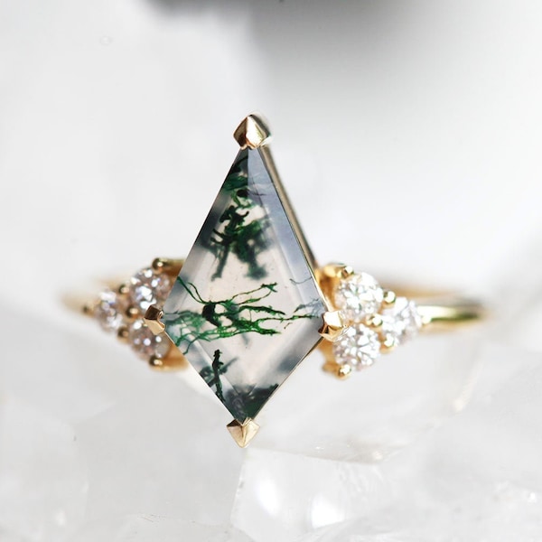 Moss agate engagement ring, Kite agate & diamond ring, Green wedding ring, Unique organic ring