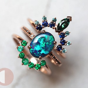 Black Opal engagement ring set, Lightning ridge opal ring, Blue lagoon set