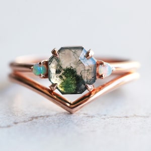 Moss agate engagement ring set, Gemstone ring, Rustic opal set, Organic hexagon wedding set