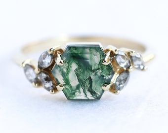 Moss agate and salt pepper diamond ring, hexagon moss agate ring with side salt pepper diamonds