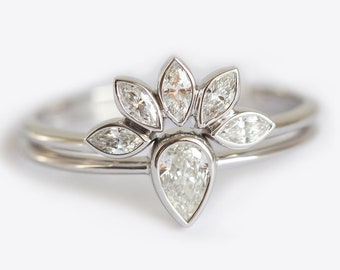 Pear Diamond Ring Marquise Diamond Wedding Band, Pear Diamond Engagement Ring with leaf diamond band, Unique Diamond Ring Set
