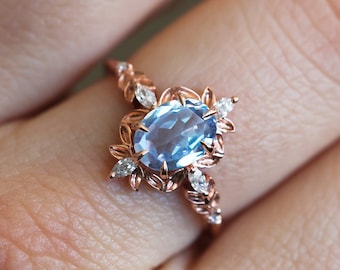 Enya Light blue sapphire engagement ring, Whimsical fantasy ring, Rose gold sapphire engagement ring, Blue Sapphire diamond ring