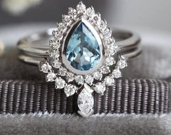 天然宝石アクアマリンペアシェイプエンゲージリング、ブルーアクア