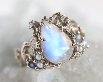 Pear moonstone ring, floral vintage style moonstone engagement ring with pearls