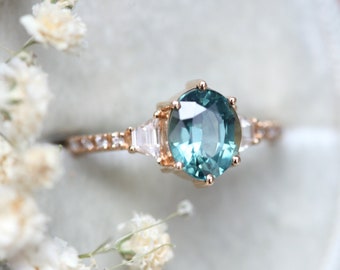 Mint Sapphire Engagement Ring, Oval Blue Green Sapphire Diamond Ring, Tapered Baguette Diamond band, Unique Oval Sapphire Ring