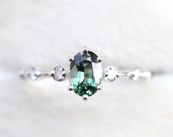 Greenish Teal Sapphire ring, Sapphire Engagement ring, Salt pepper diamond Ring