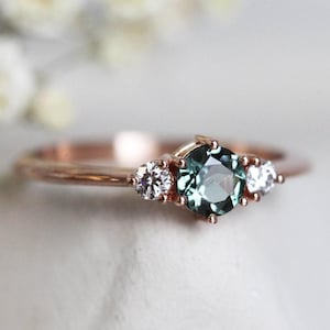 Tourmaline engagement ring, Three stone diamond ring, Green wedding ring, Dainty mint gemstone ring