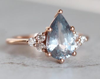 Mood Sapphire Ring, Pear Color Change Sapphire Ring, Grey Blue Green Sapphire engagement Ring, Pear Cut  Sapphire Ring with Diamonds