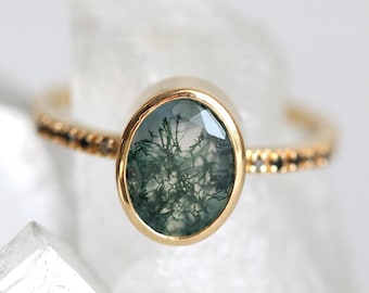 Moss agate ring, Oval cut engagement ring, Green mossy stone & black diamond ring, Organic solitaire