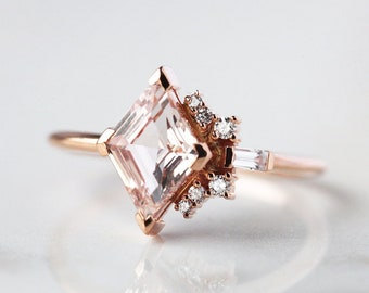 Peach Sapphire engagement ring, Sapphire cluster diamond ring, Unique geometric sapphire ring