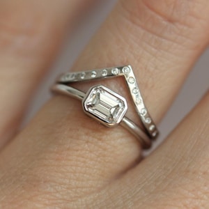 Emerald Diamond Ring, Emerald Cut Solitaire Diamond Ring with Diamond Wedding Band, Simple Diamond Ring Set image 1