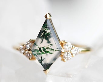 Moss agate engagement ring, Kite agate & diamond ring, Green wedding ring, Unique organic ring