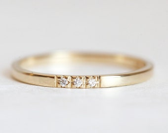 Yellow Gold Diamond Wedding Band, Stacking Three Diamond Ring available in 14k 18k Gold