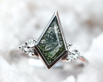 Moss agate engagement ring, Bezel set kite mossy ring, Side diamond clusters, Green gemstone wedding ring