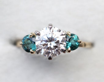 Moissanite Engagement Ring, Three Stone Moissanite and Teal Tourmaline Ring, Delicate Moissanite Ring Yellow Gold