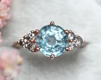 Round minty blue sapphire engagement ring with side salt pepper diamonds, Fairytale engagement ring