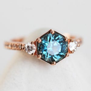 Hexagon Sapphire Engagement Ring, Bluish Teal Green  Sapphire Diamond Ring, Round Sapphire ring with side diamonds, 2ct Sapphire Ring