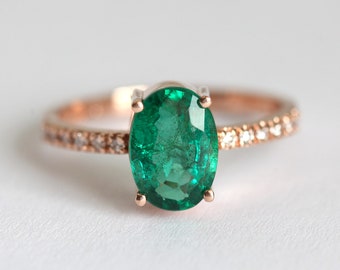 2ct Emerald Ring, Oval Emerald Engagement Ring, Oval Rose Gold Ring with Diamonds, Emerald Diamond Ring Rose Gold