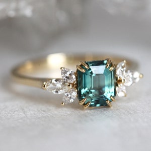 Teal sapphire ring, Emerald cut engagement ring, Accent diamond ring, Green blue wedding ring