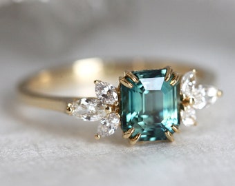 Teal sapphire ring, Emerald cut engagement ring, Accent diamond ring, Green blue wedding ring