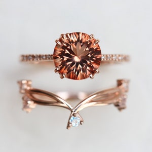 Oregon Sunstone Ring Set, Round Gemstone Engagement Ring with Twig Moonstone Stacking Ring, Sunstone Engagement ring