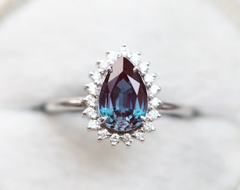 Alexandrite & diamond engagement ring or set, Color change pear lab alexandrite ring, Matching wedding band