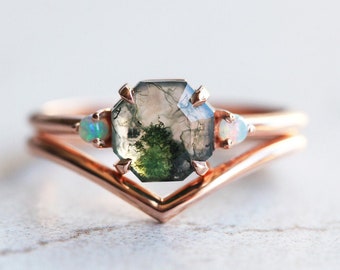 Moss agate engagement ring set, Gemstone ring, Rustic opal set, Organic hexagon wedding set
