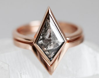 Salt & pepper diamond ring set, Kite cut engagement set, Grey galaxy diamond set, Nesting wedding band