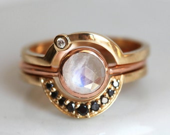 Boho Moonstone Ring Set, Moon Ring Set, Eclipse Set avec pierre de lune, Boho Bridal Set