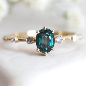 Teal sapphire ring, Peacock engagement ring, Ceylon sapphire diamond ring, Oval blue ring