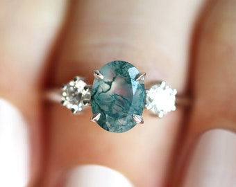 Moss agate engagement ring, Three stone ring, Oval green stone & diamond, sapphire or moissanite ring