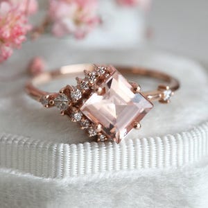 Morganite Engagement Ring, Diamond and Morganite Ring, Cluster Engagement Ring with Morganite, Square Morganite Ring