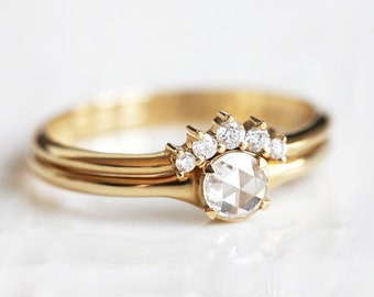 Diamond Ring Set, Rose Cut White Diamond solitaire With Curved Diamond Band, Round Diamond Engagement Set
