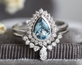 Aquamarine Diamond Ring Set in 14k or 18k Solid Gold with 8mm Pear One Carat Aquamarine Ring & Matching Diamond Crown