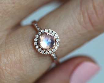 Moonstone Engagement Ring, Halo Diamond Moonstone Ring, Rainbow Blue Moonstone Engagement Diamond Ring