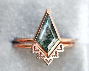 Gemstone engagement ring, Kite moss agate ring set, Geometric set, Rose gold set, Lace nesting ring