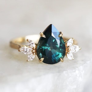 Pear Sapphire Engagement Ring, Diamond Sapphire Ring, Blue Green Pear Cut Sapphire Diamond Ring Yellow Gold