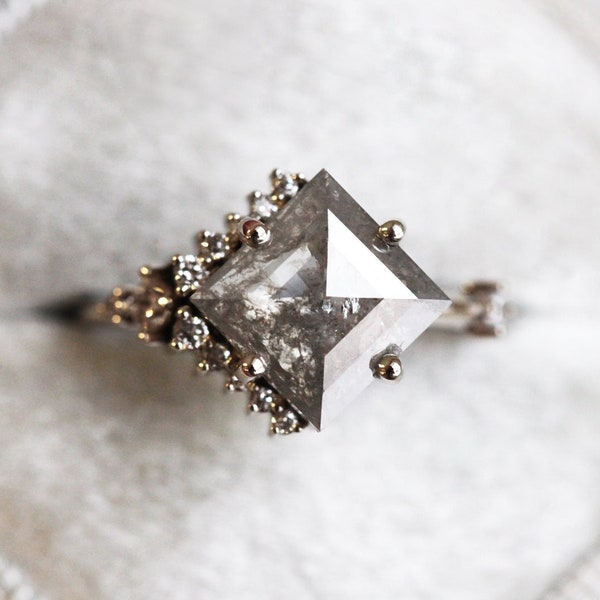 Salt & pepper diamond ring, Grey diamond engagement ring, Natural diamond cluster, Square diamond ring