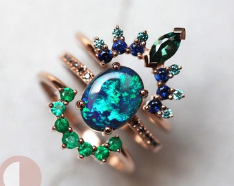 Black Opal engagement ring set, Lightning ridge opal ring, Blue lagoon set