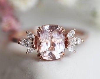 Peach sapphire engagement ring, Light pink peach sapphire Cushion diamond ring 14k Rose gold, Sapphire Cushion Engagement Ring by Minimalvs