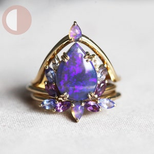 Raiven black opal ring set, Unique purple opal engagement set image 1