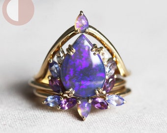 Raiven black opal ring set, Unique purple opal engagement set