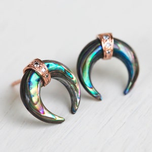 Abalone Shel Earrings, Abalone Studs, Abalone Horn Earrings, 14k Gold Horn Single Stud, Unique Boho Studs image 2