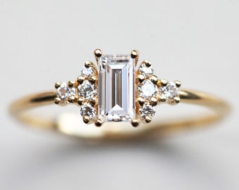 Delicate Baguette diamond cluster ring, Clustered diamond engagement ring